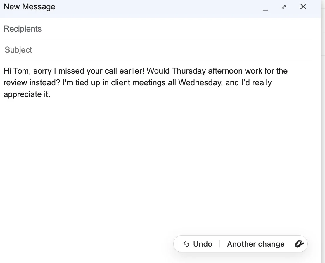 A Gmail message rewritten in place by Revise for Chrome, with Undo beside it