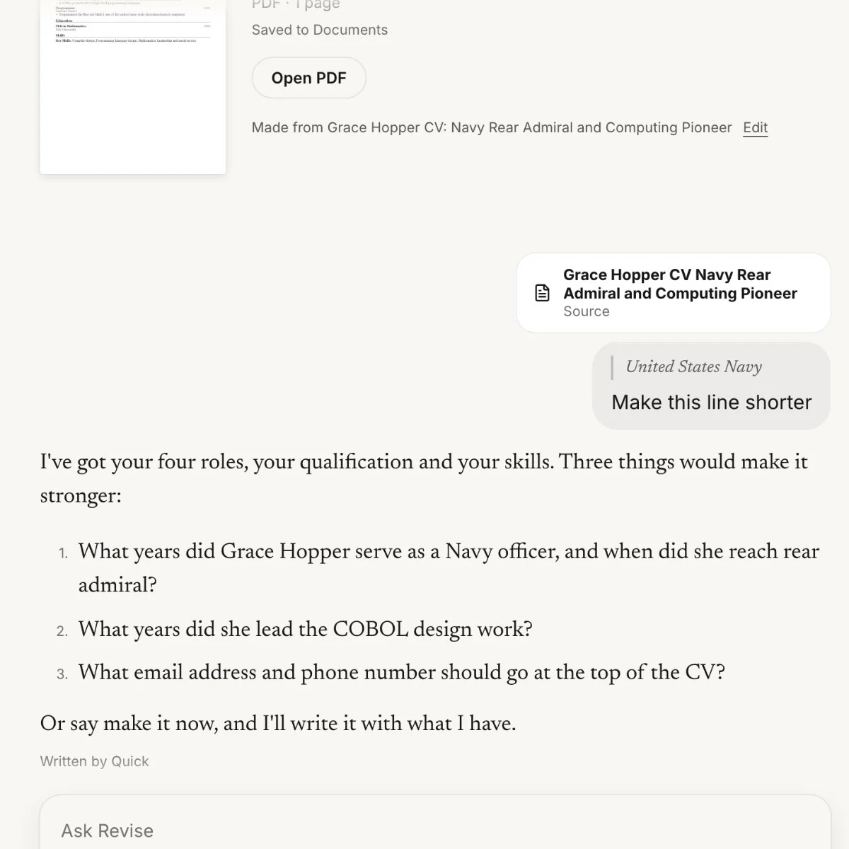 Revise on the web, asking three questions before it rewrites a CV