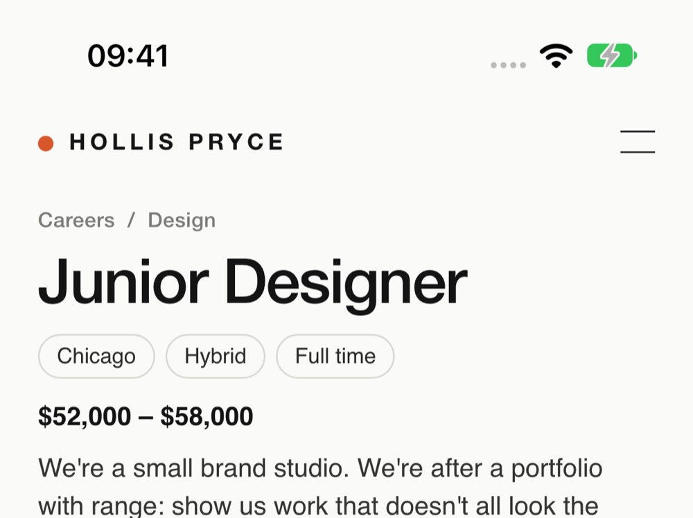 Screenshot of the job ad: Junior Designer at Hollis Pryce, Chicago, hybrid, full time, $52,000 to $58,000, after a portfolio with range